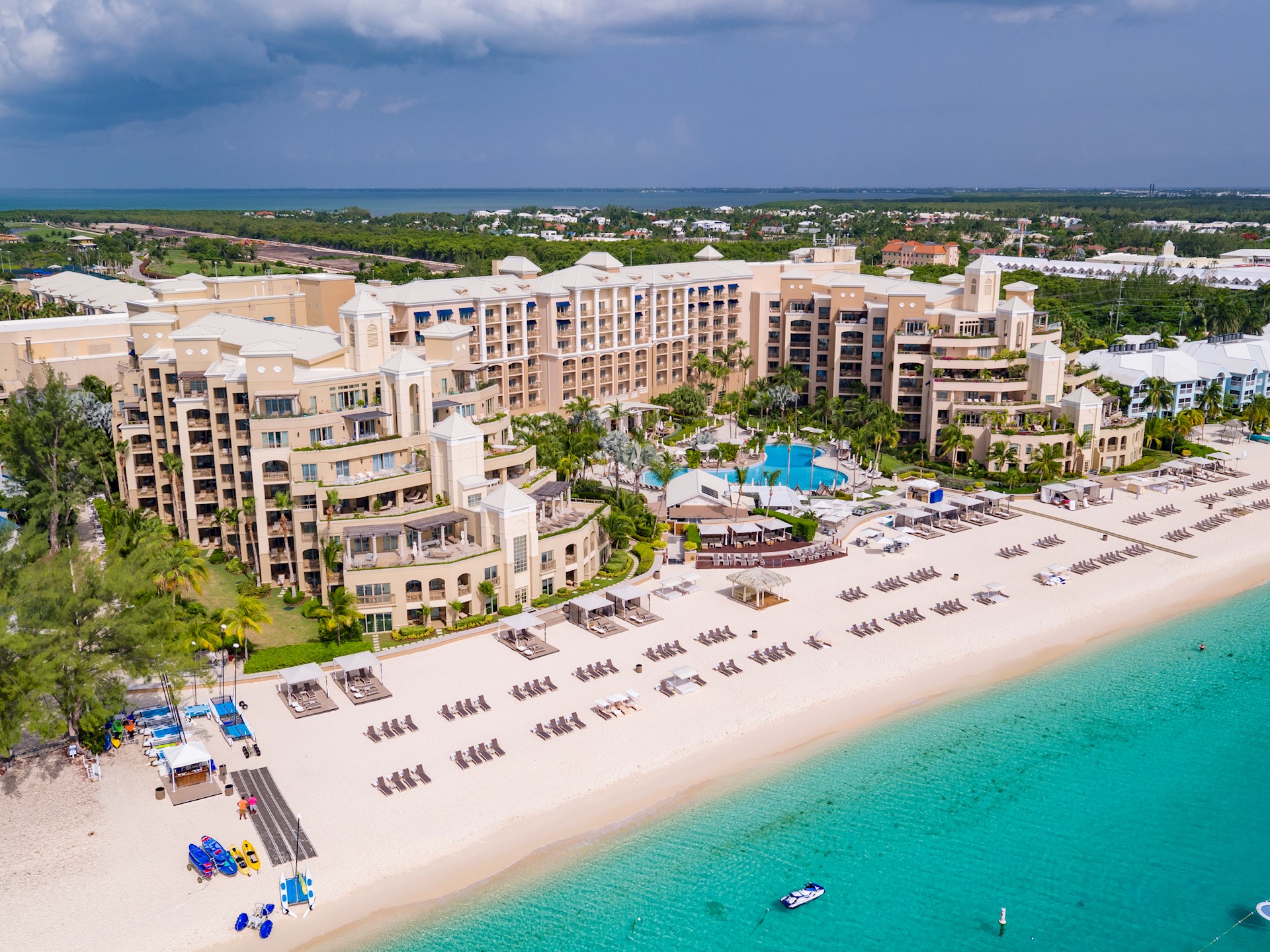 Drone shot of resort over beach