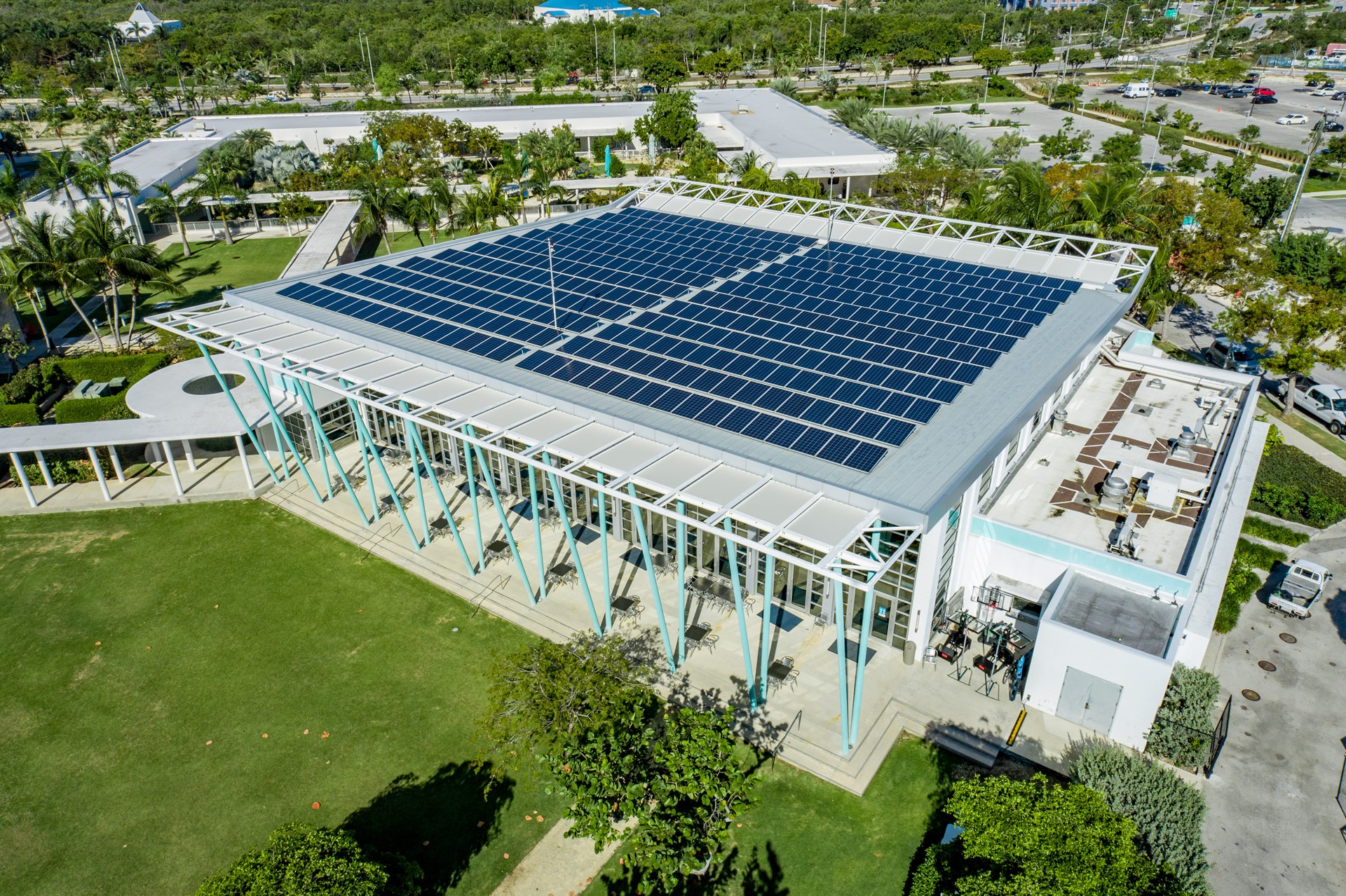 rows of solar panels on commercial building